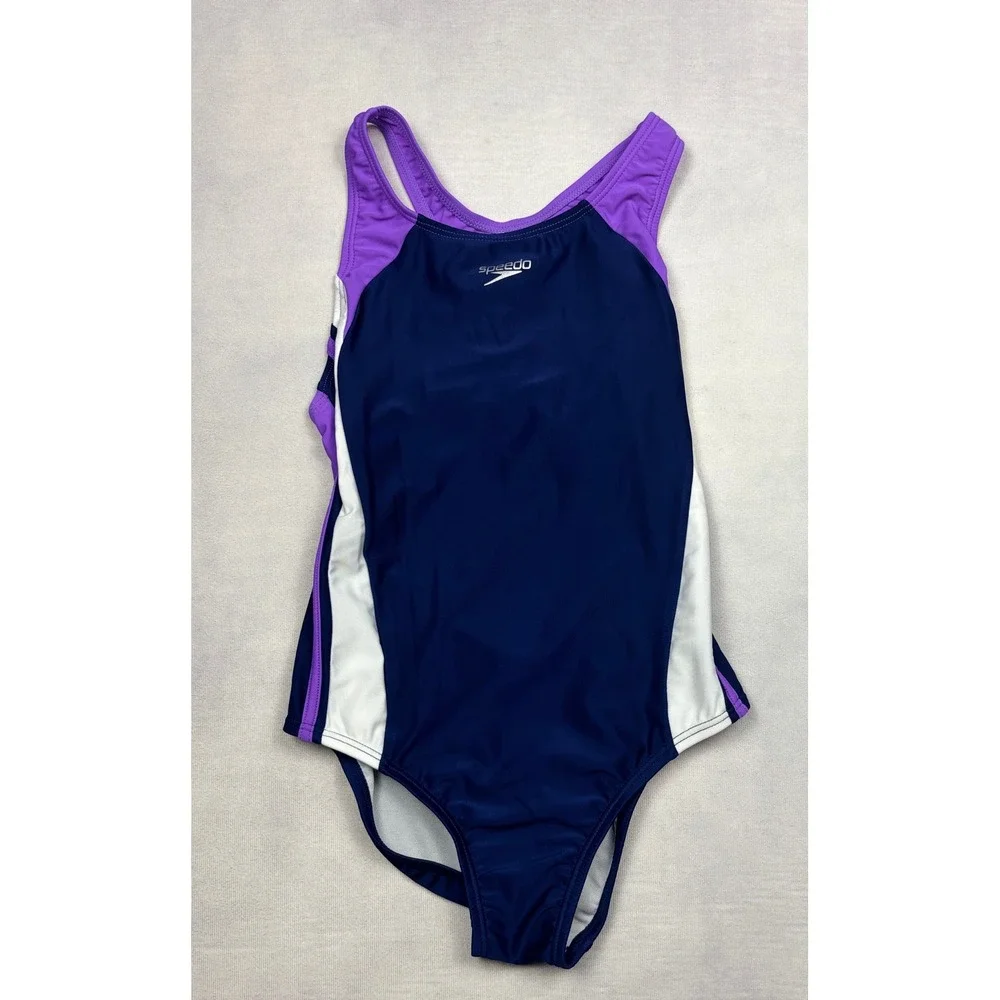 Speedo Girls One Piece Swimsuit Navy Purple White Racerback‎ UPF 50+ Size 12